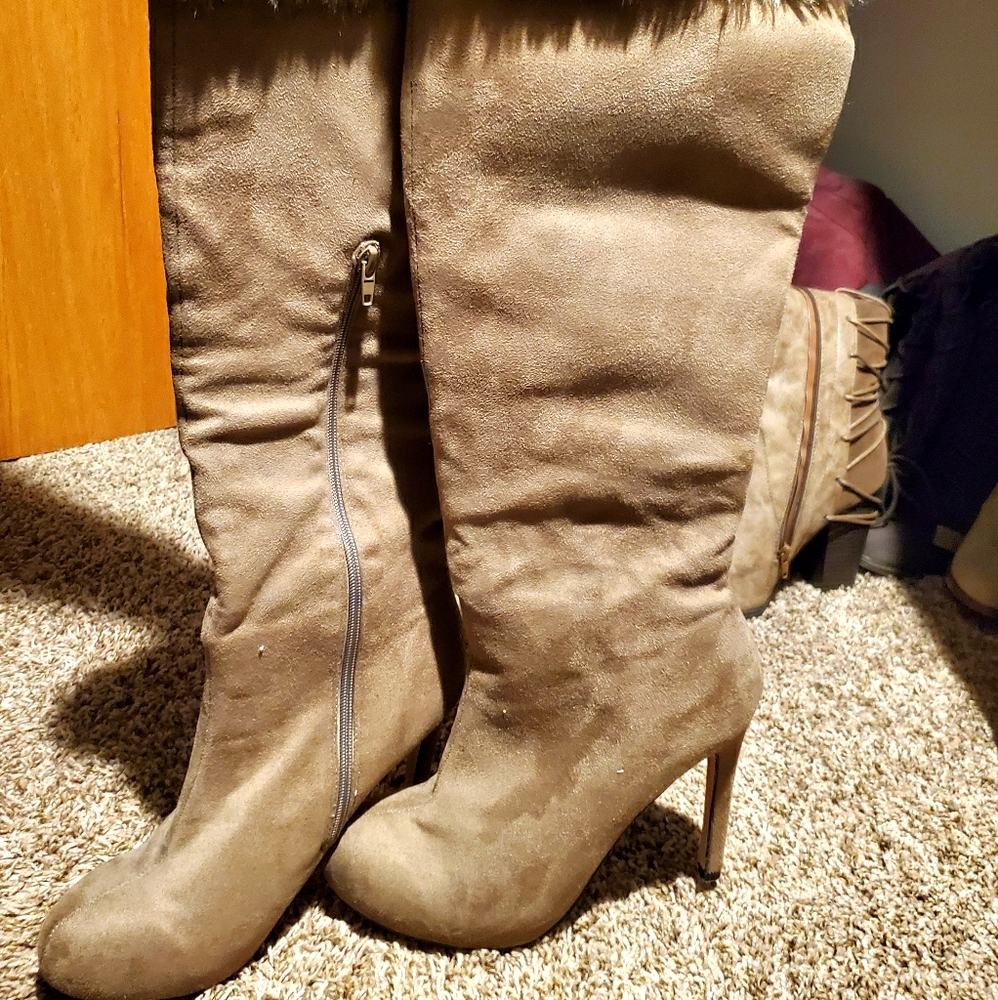 Furry Brown Heeled Boots